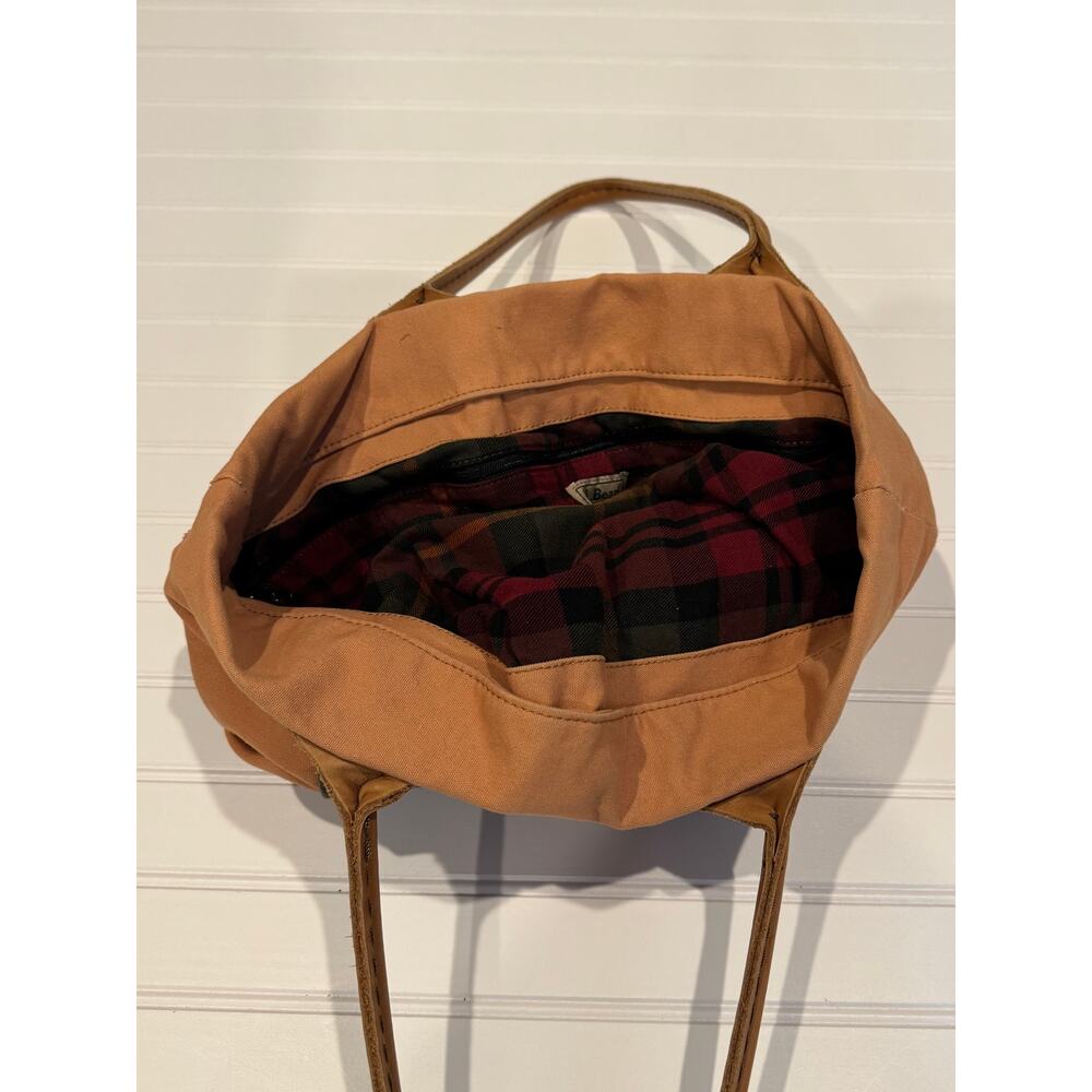 L.L. Bean Leather Handles Boat Tote Bag Canvas Plaid Brown Green Vintage 90s - Picture 6 of 7